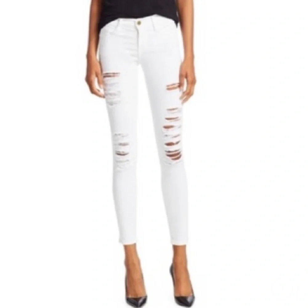 FRAME Le Skinny de Jeanne White Distressed Skinny Jeans Stretch Denim - Picture 3 of 14